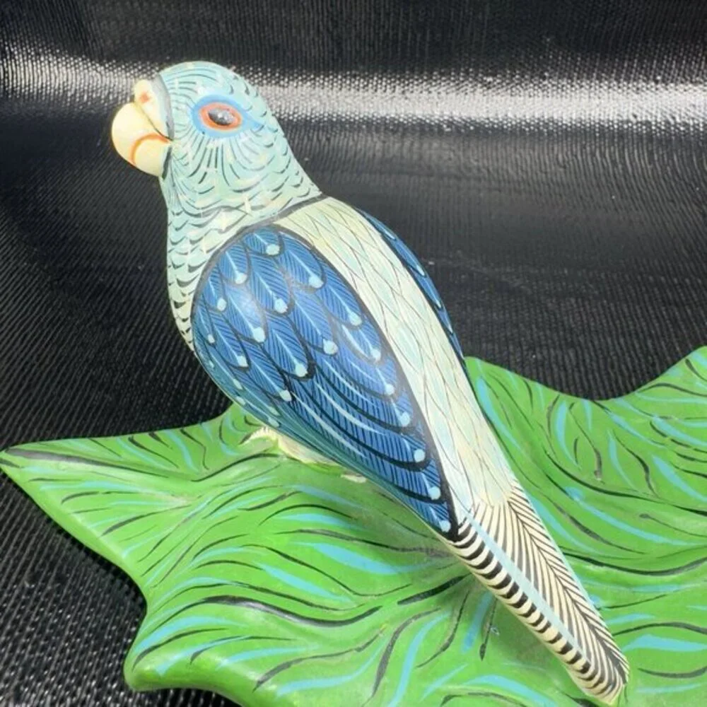 Hand Made Mexican Pottery Parrot Bird On Leaf Tree Sculpture Artist Signed‎ VTG